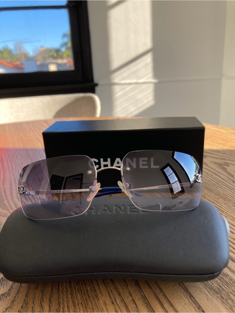 CHANEL Rimless Sunglasses with Blue Gradient Lenses